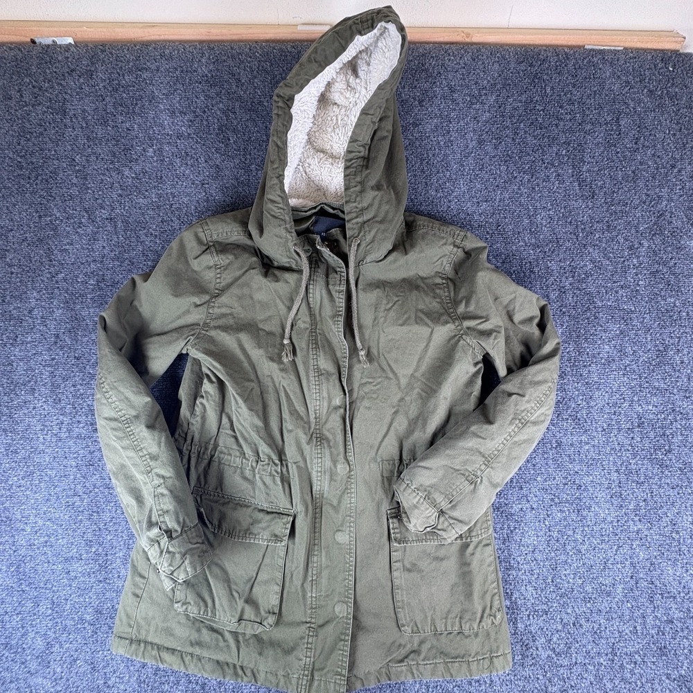 Forever 21 Utility Parka‎ Jacket Womens Small Military Green Sherpa Lined Hood